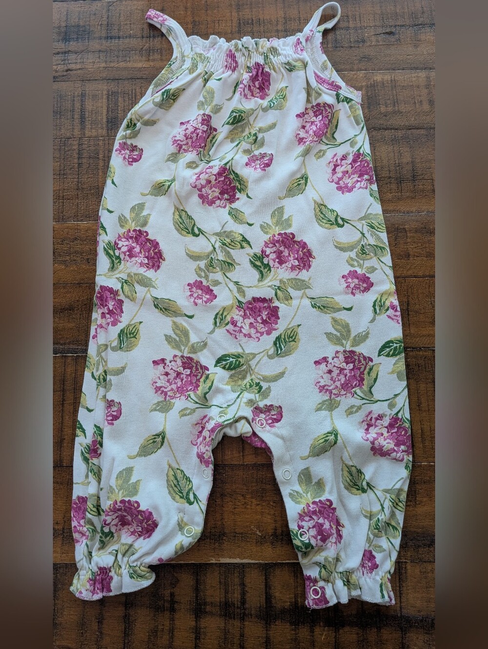 Laura Ashley White Romper with Purple Floral Hydrangea and Green Leaf Accent 24m